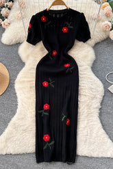 Robe en tricot brodée de fleurs, robe décontractée